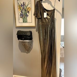 New Sugarlips Gold One-Shoulder Dress ruffle Sleeve XS NWT